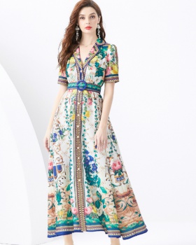 Short sleeve long dress vacation printing business suit