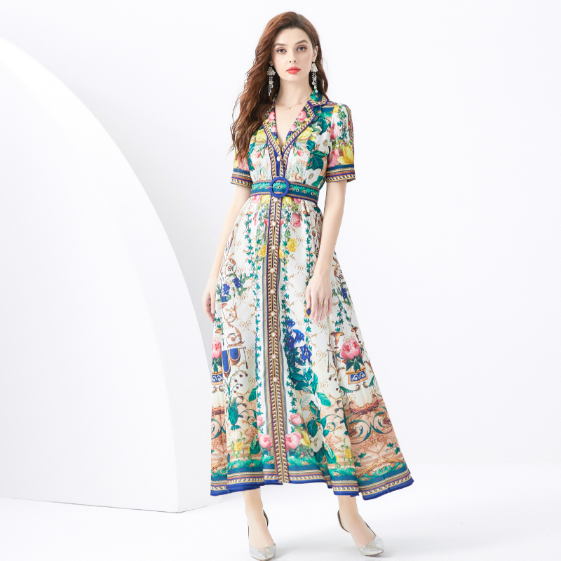 Short sleeve long dress vacation printing business suit