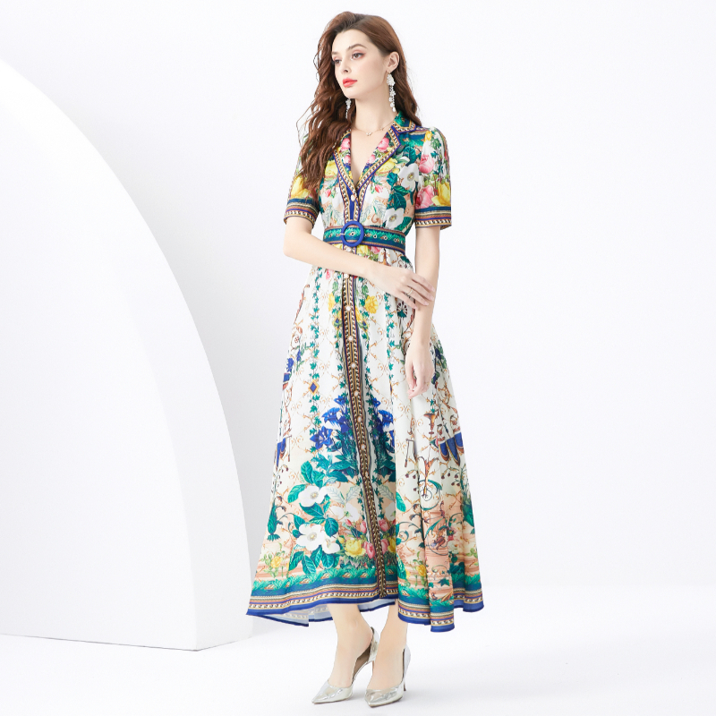 Short sleeve long dress vacation printing business suit