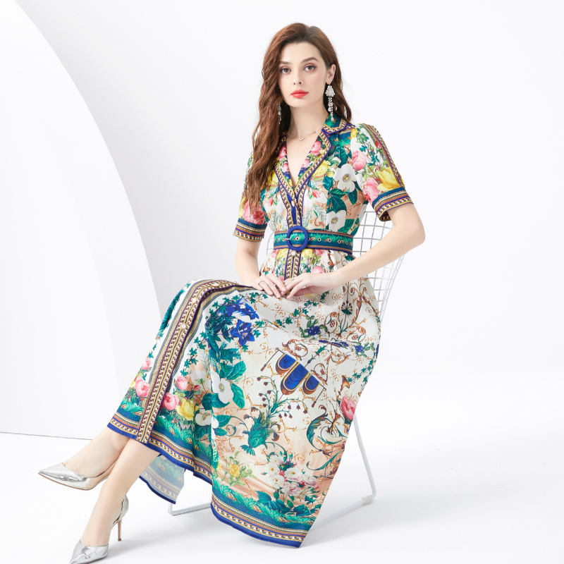 Short sleeve long dress vacation printing business suit