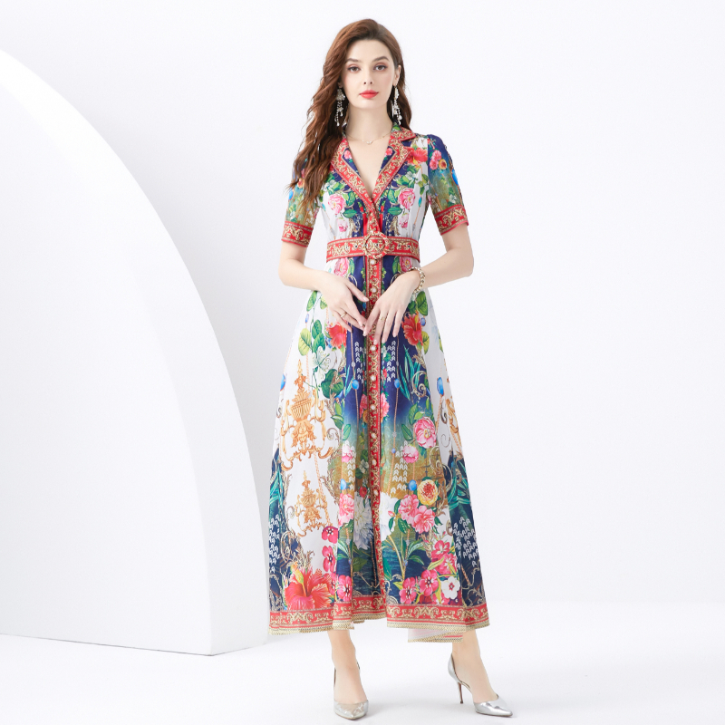 Short sleeve wavy edge business suit vacation long dress