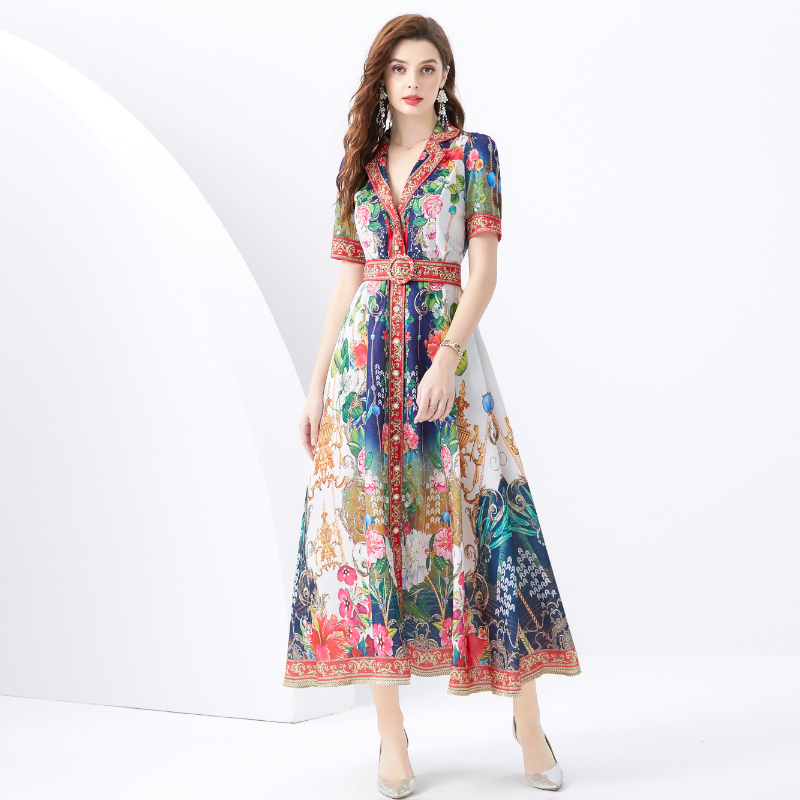 Short sleeve wavy edge business suit vacation long dress