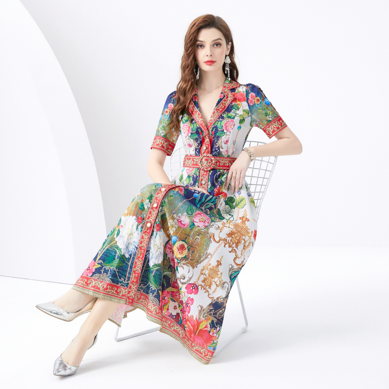 Short sleeve wavy edge business suit vacation long dress