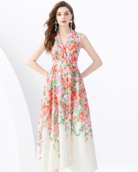 Wavy edge printing dress long painting business suit