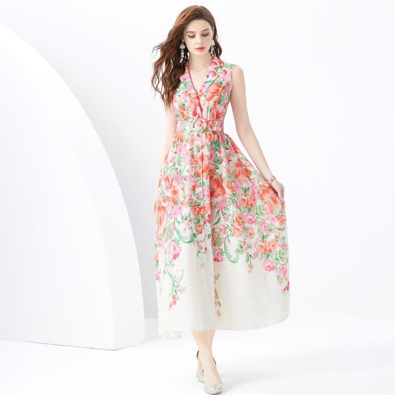 Wavy edge printing dress long painting business suit