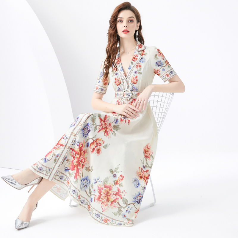 Short sleeve printing business suit long vacation dress