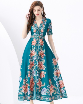 Long printing business suit vacation wavy edge dress