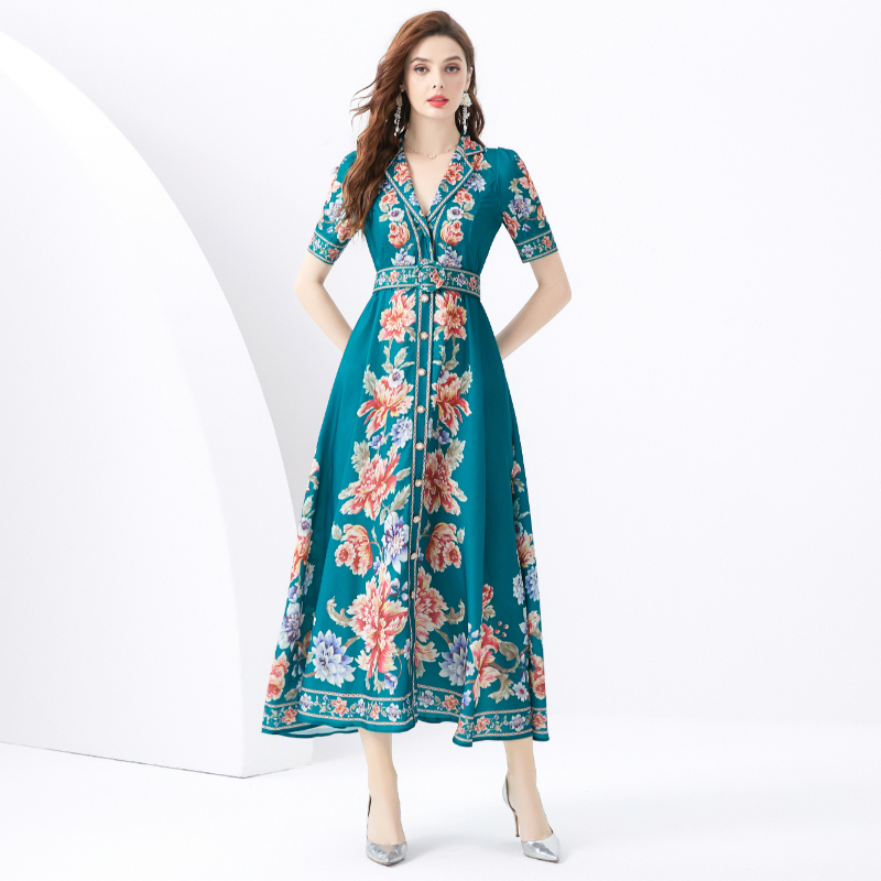 Long printing business suit vacation wavy edge dress