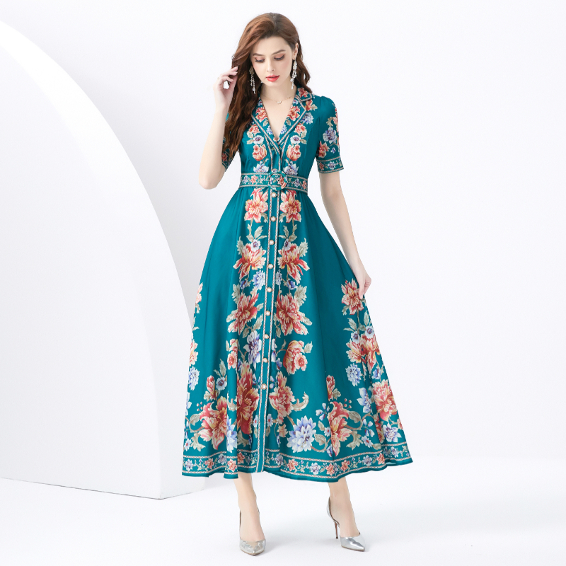 Long printing business suit vacation wavy edge dress