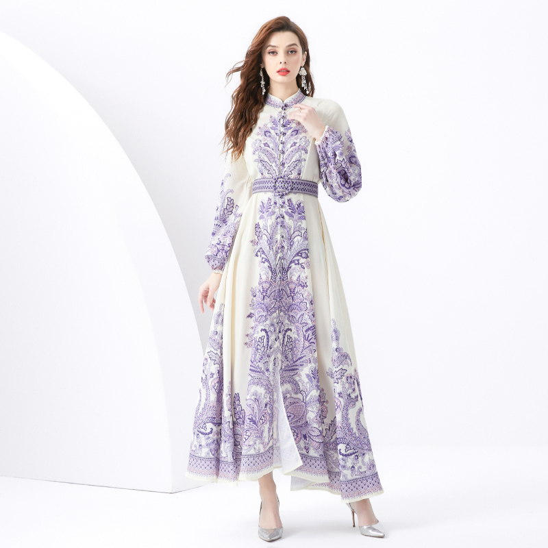 Single-breasted cstand collar retro long vacation dress