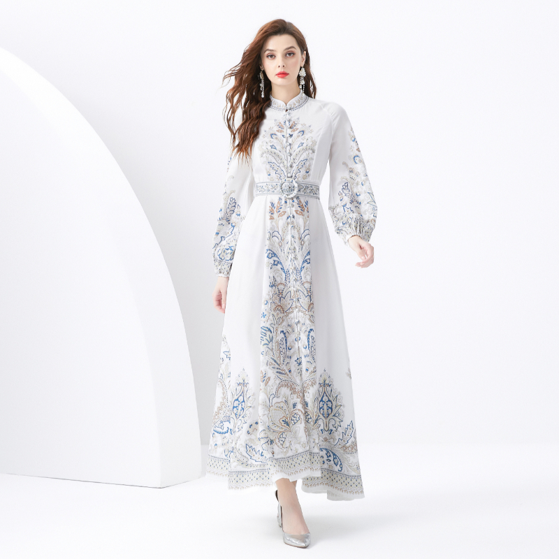 Long printing retro vacation cstand collar dress