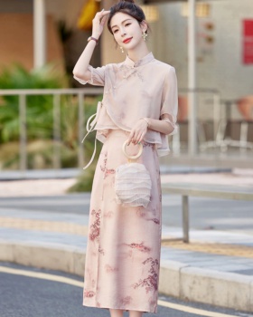 Slim pink Chinese style cheongsam summer temperament skirt 2pcs set