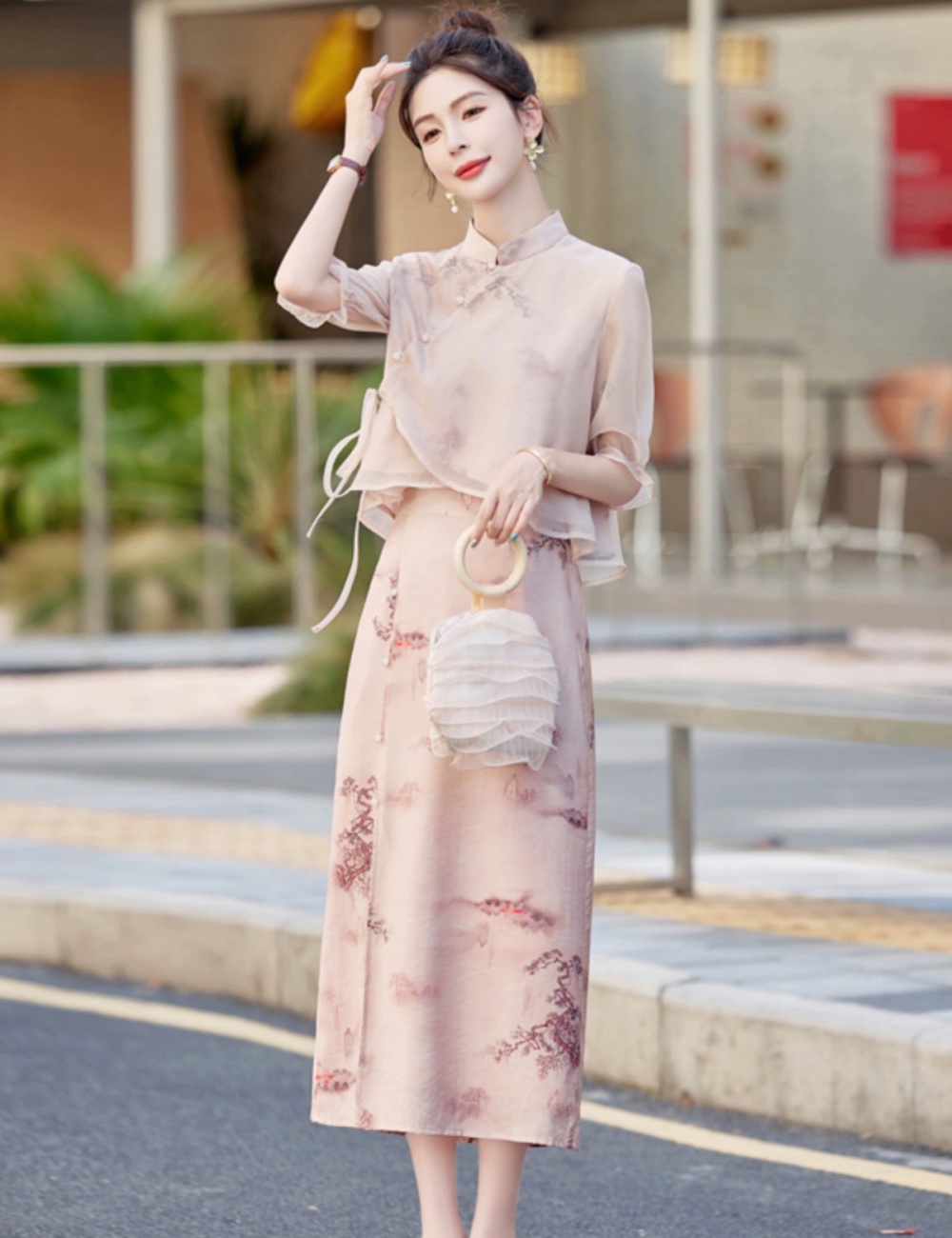 Slim pink Chinese style cheongsam summer temperament skirt 2pcs set