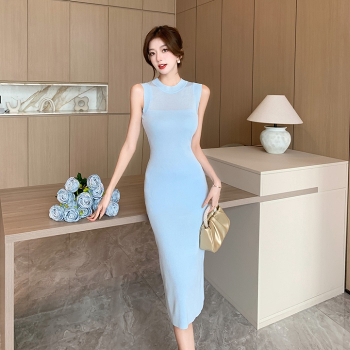 Unique knitted sleeveless long dress sexy slim dress for women