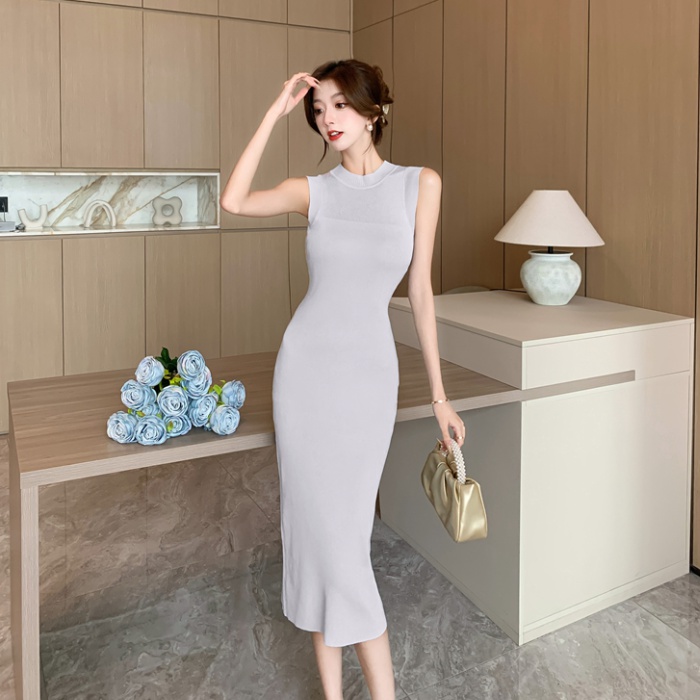 Unique knitted sleeveless long dress sexy slim dress for women