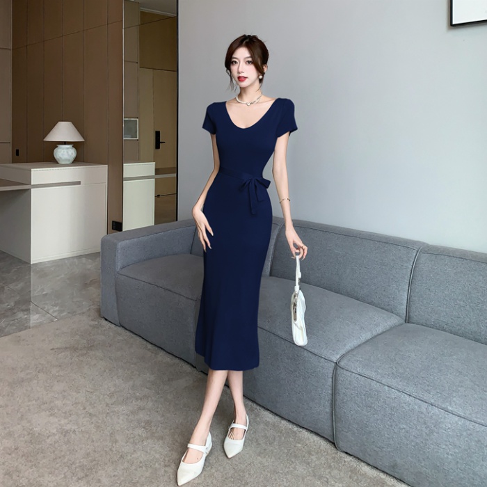 Blue summer dress boats sleeve long dress for women