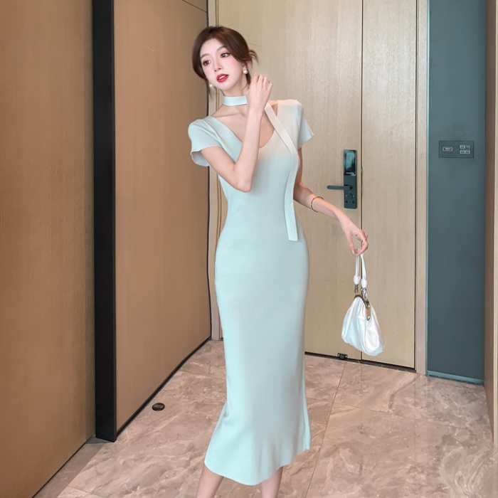 Blue summer dress boats sleeve long dress for women