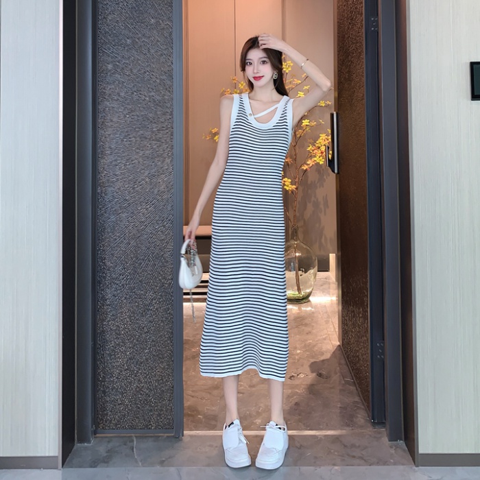 Knitted stripe sleeveless dress loose slim dress