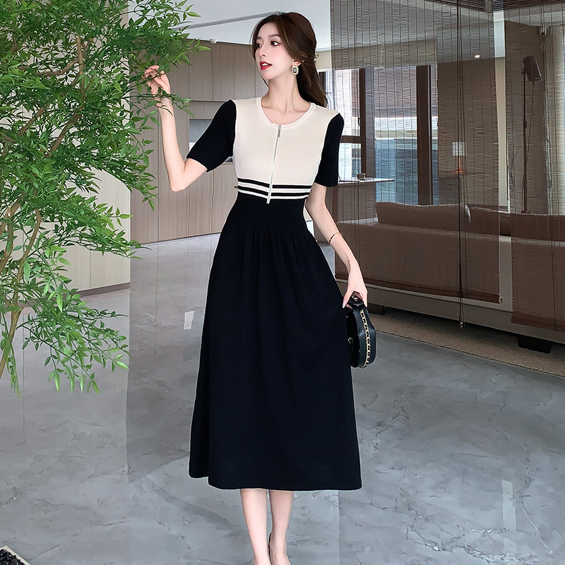 Round neck Korean style dress mixed colors knitted long dress