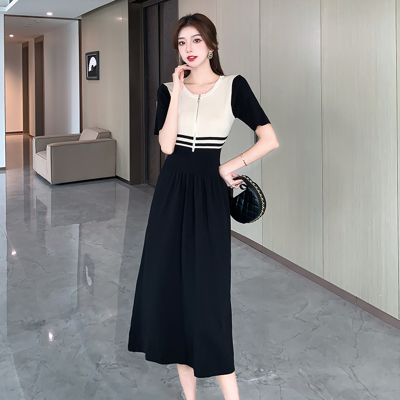 Round neck Korean style dress mixed colors knitted long dress