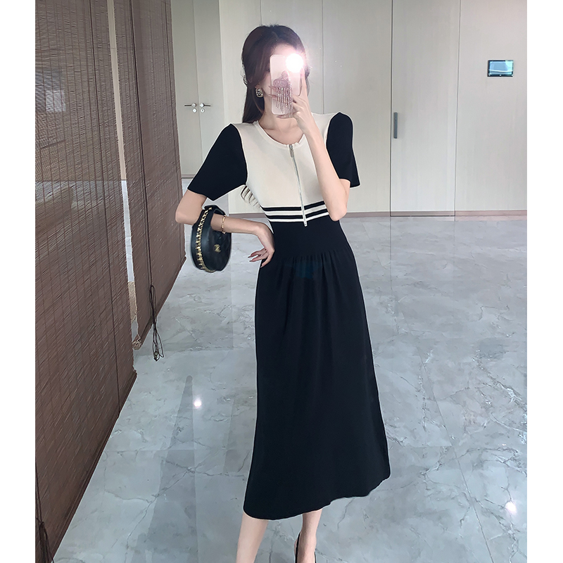 Round neck Korean style dress mixed colors knitted long dress