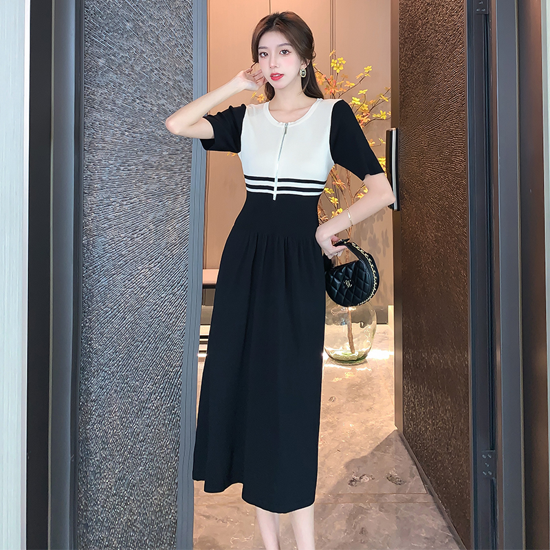 Round neck Korean style dress mixed colors knitted long dress