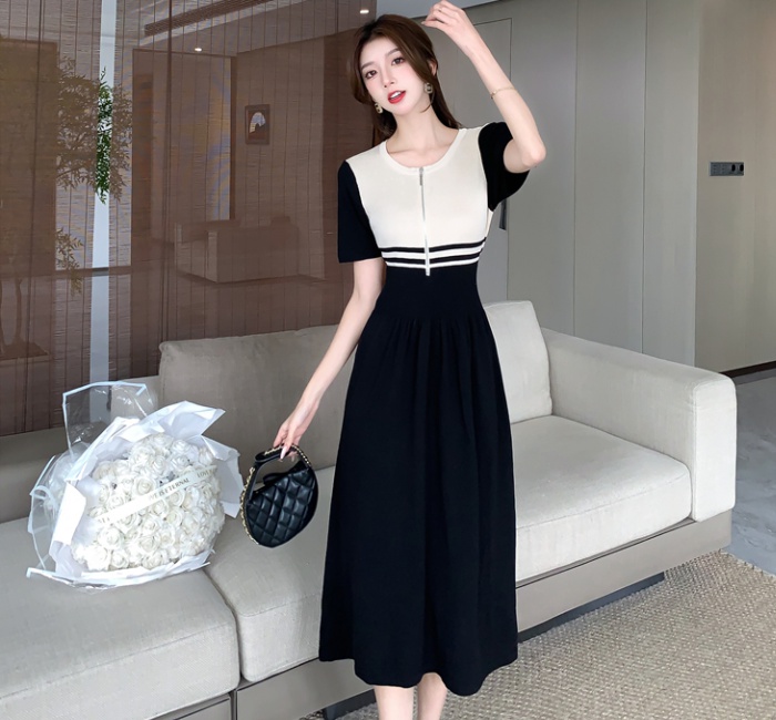 Round neck Korean style dress mixed colors knitted long dress