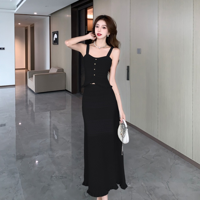 High waist sling tops crochet long skirt 2pcs set for women