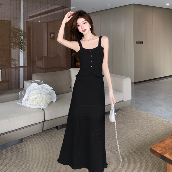 High waist sling tops crochet long skirt 2pcs set for women