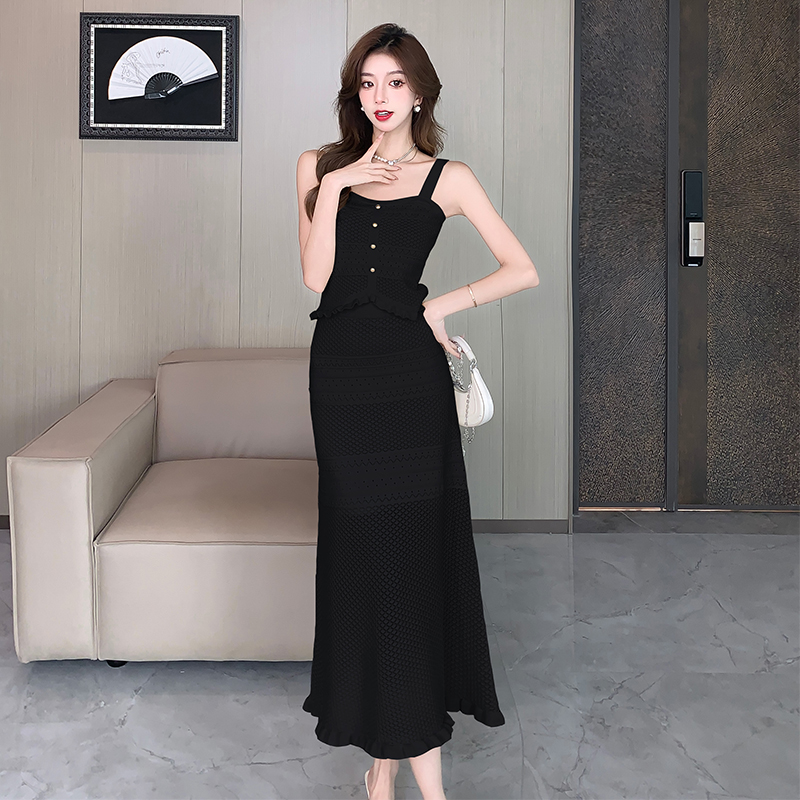 High waist sling tops crochet long skirt 2pcs set for women