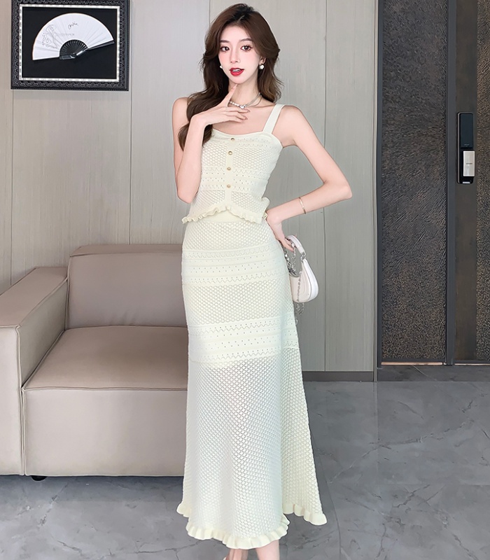 High waist sling tops crochet long skirt 2pcs set for women