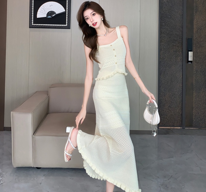 High waist sling tops crochet long skirt 2pcs set for women