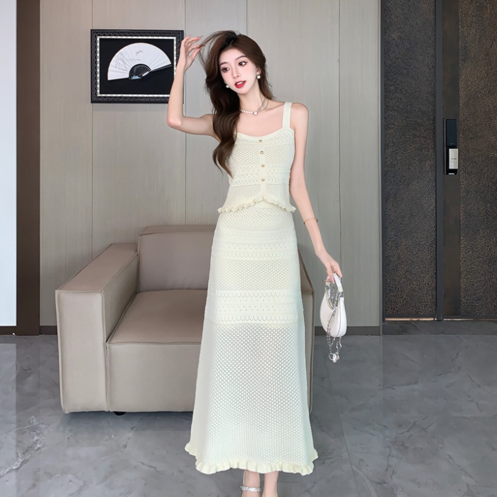 High waist sling tops crochet long skirt 2pcs set for women