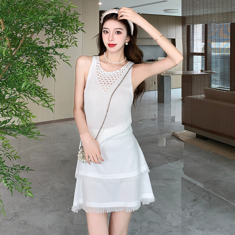 Knitted temperament tops ladies tassels skirt 2pcs set