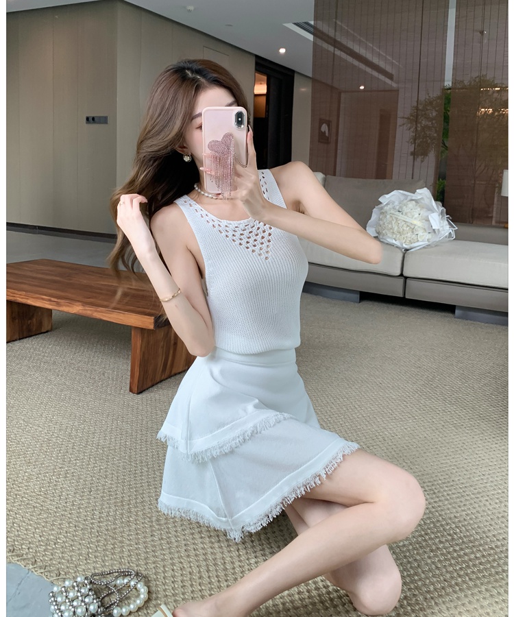 Knitted temperament tops ladies tassels skirt 2pcs set