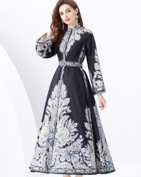 Long printing court style trumpet sleeves dress