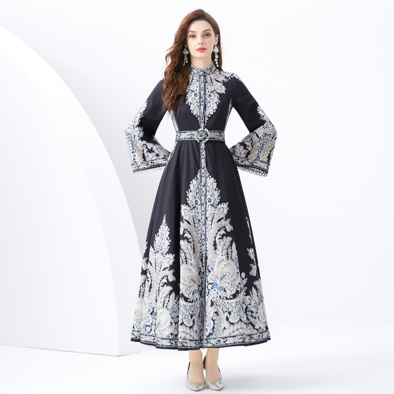 Long printing court style trumpet sleeves dress