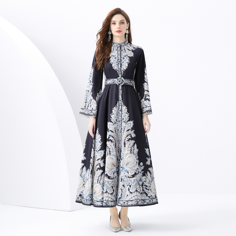 Long printing court style trumpet sleeves dress