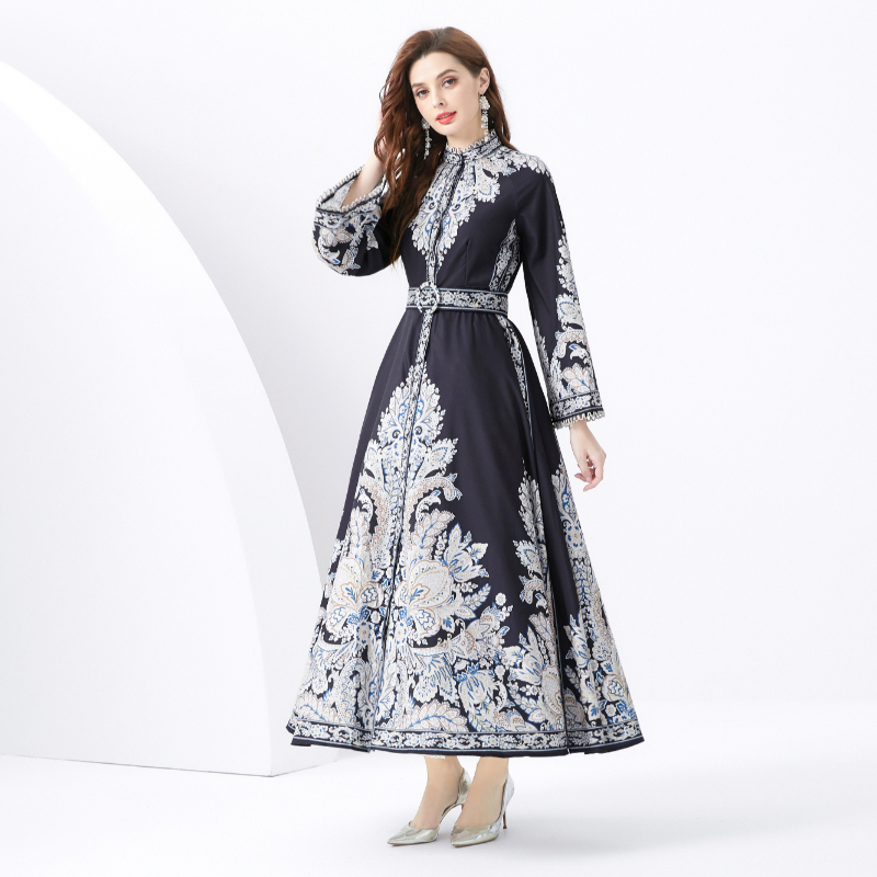 Long printing court style trumpet sleeves dress