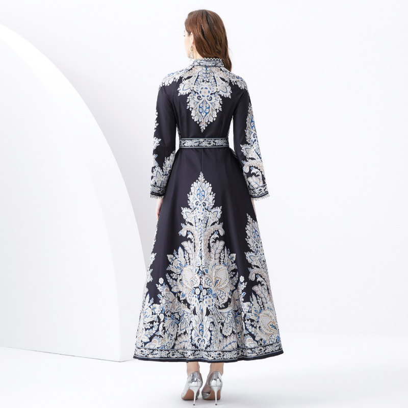 Long printing court style trumpet sleeves dress