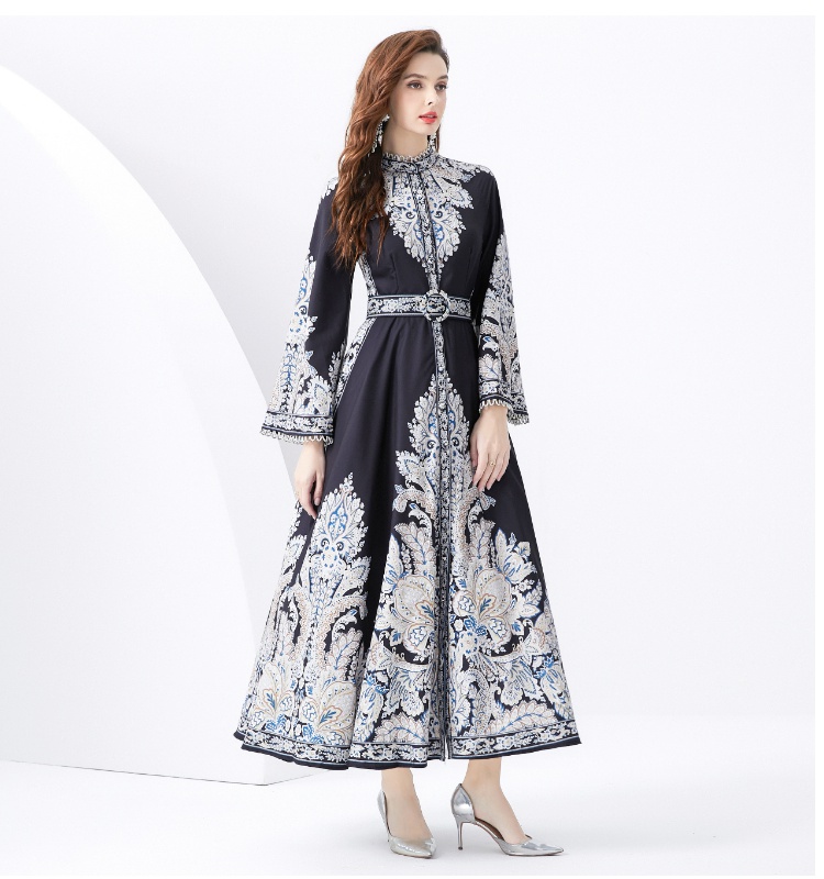 Long printing court style trumpet sleeves dress