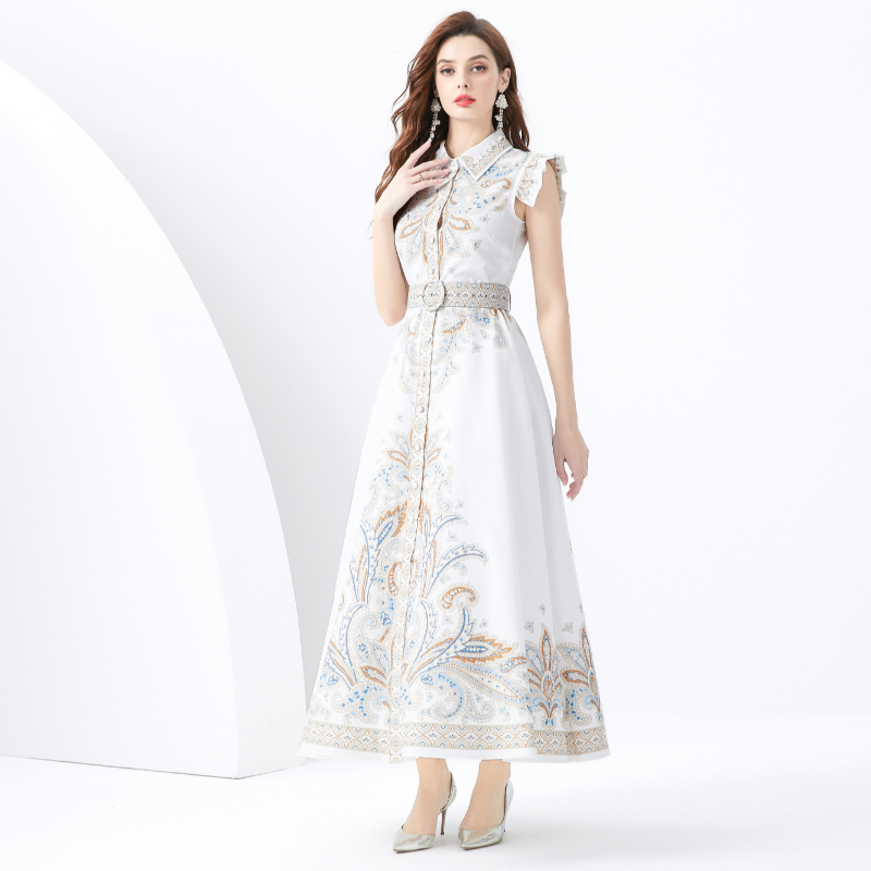 Lapel sleeveless printing dress vacation long corset