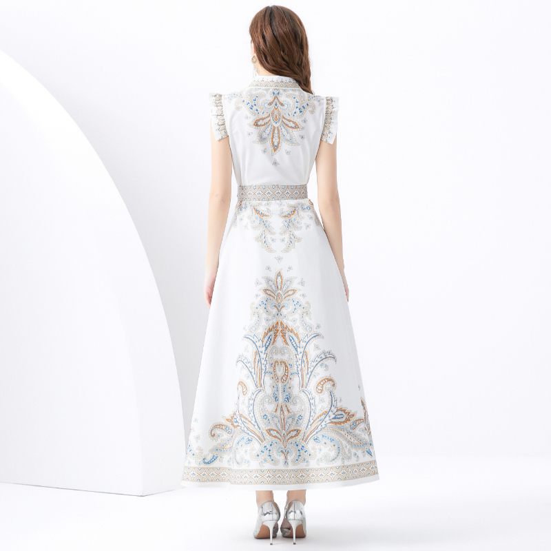 Lapel sleeveless printing dress vacation long corset