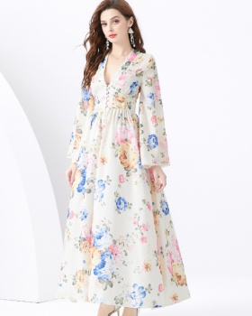 V-neck pleated long cardigan printing lace vacation dress