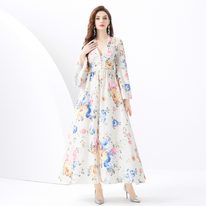 V-neck pleated long cardigan printing lace vacation dress