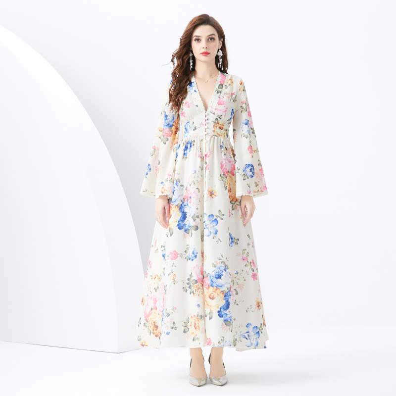 V-neck pleated long cardigan printing lace vacation dress