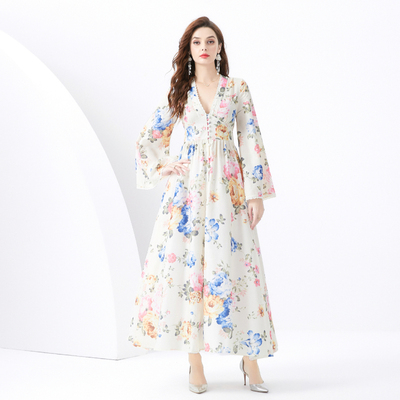 V-neck pleated long cardigan printing lace vacation dress