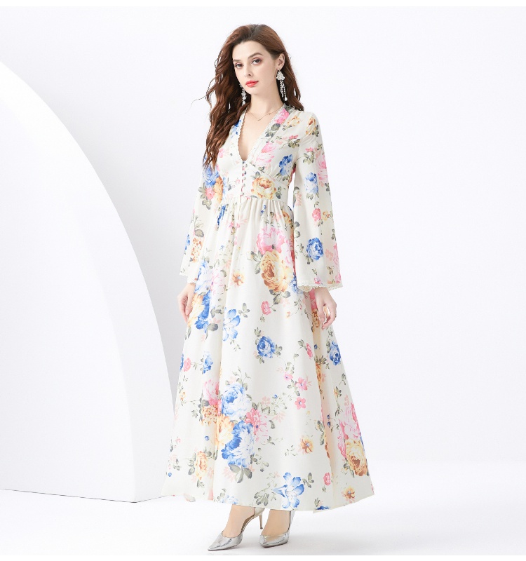 V-neck pleated long cardigan printing lace vacation dress