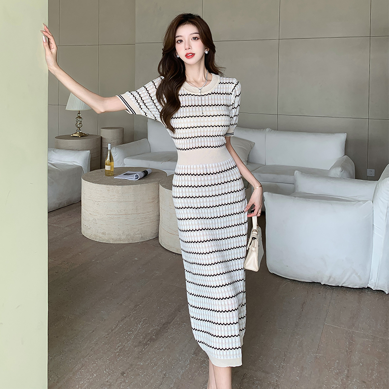 Knitted dress mixed colors long dress for women