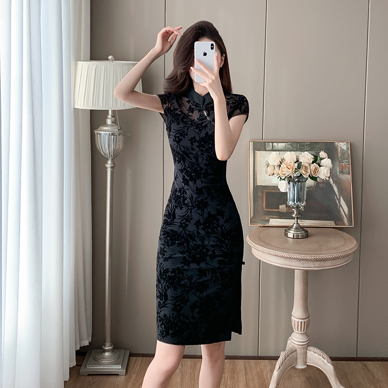 Summer slim printing cheongsam flocking elasticity dress